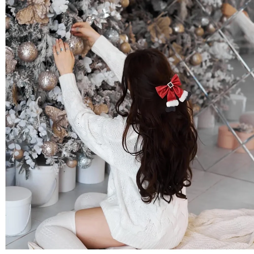 🆕 2pcs Christmas Hair Bow Clips Cute Glitter Hair Clips